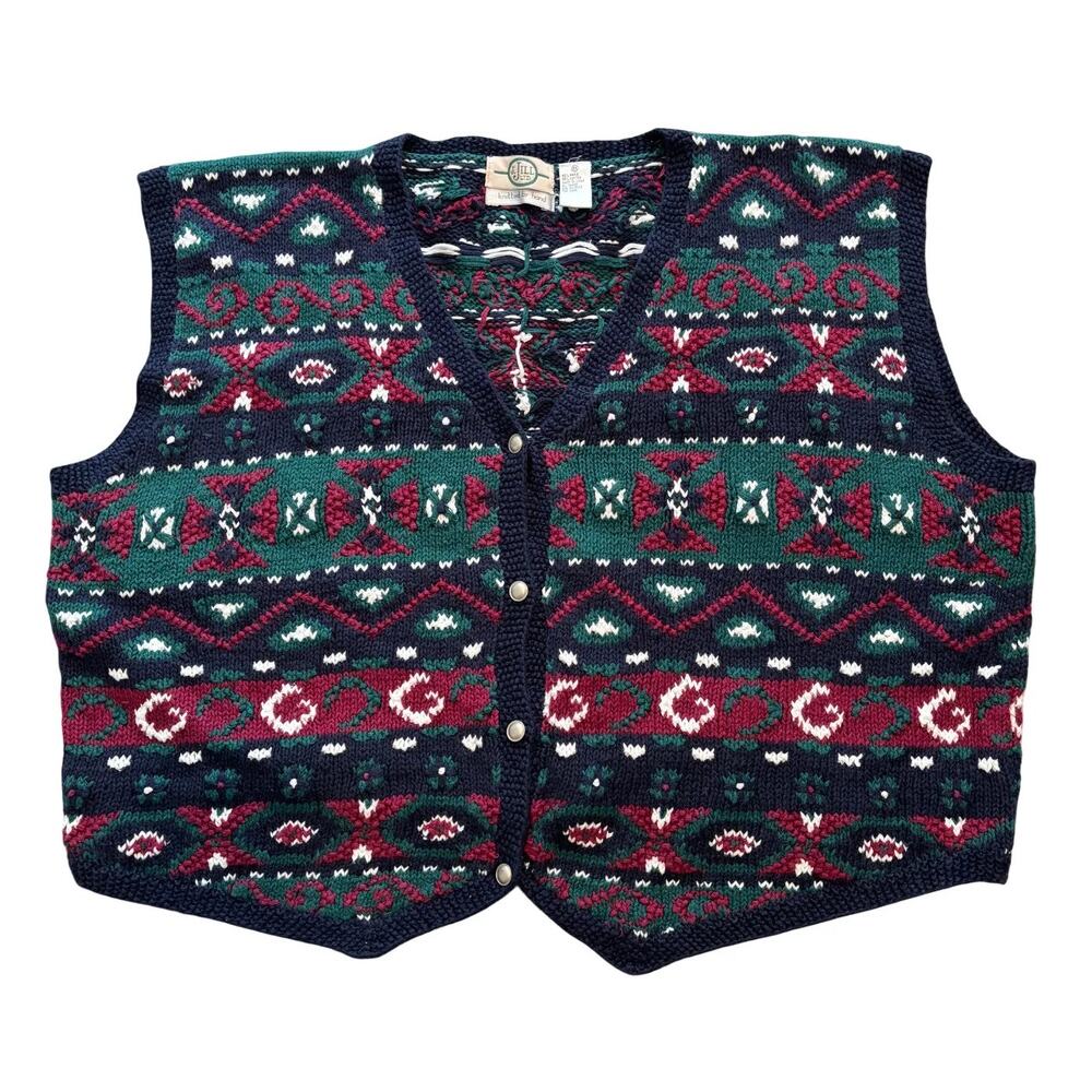 VTG J.JILL Hand Knit Tribal Stripe Boxy Crop Sweater Vest Cardigan SZ 3X